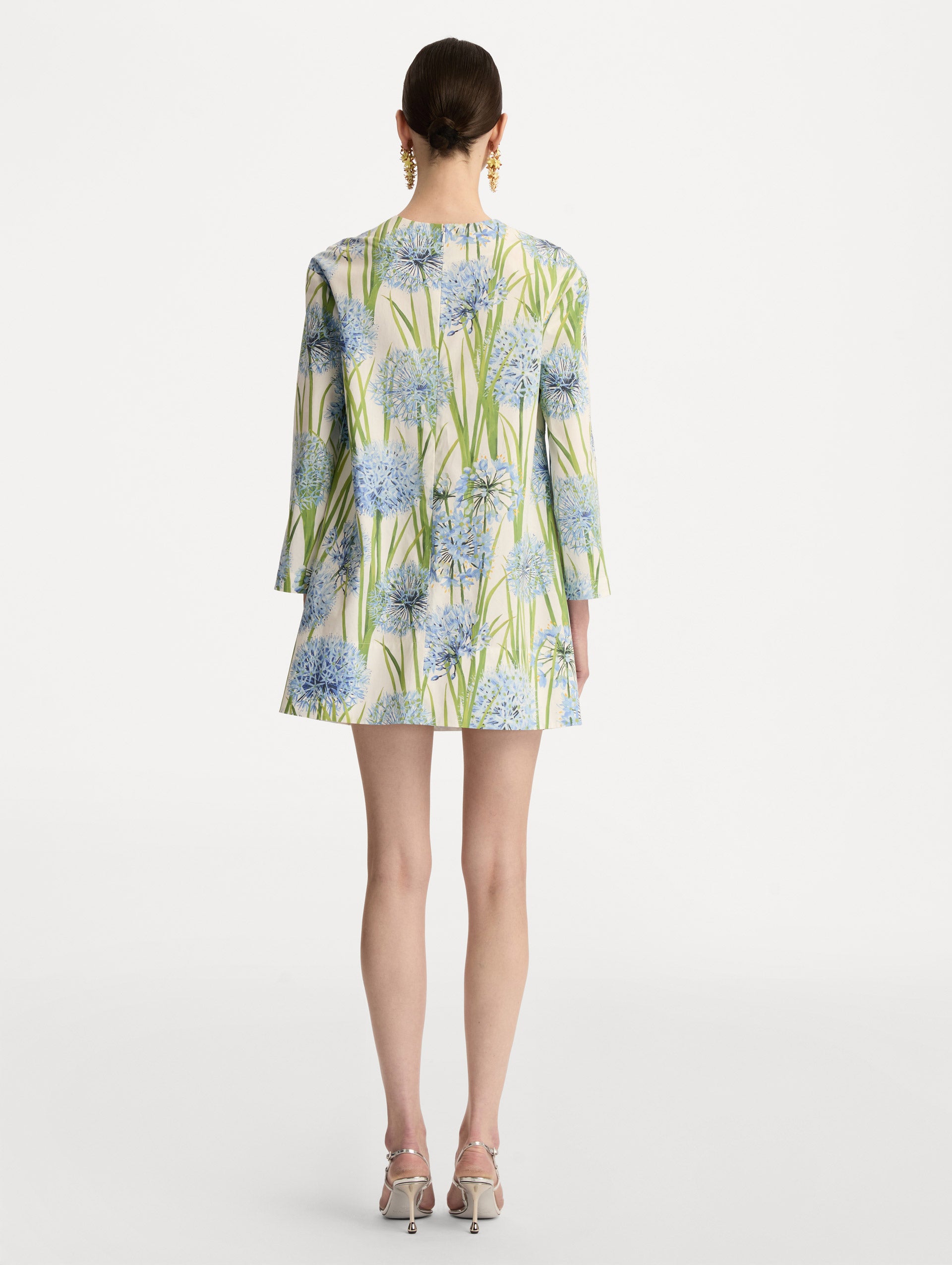 White Allium Cotton Poplin Long Sleeve Shift Dress with blue and green floral motifs. Back View.