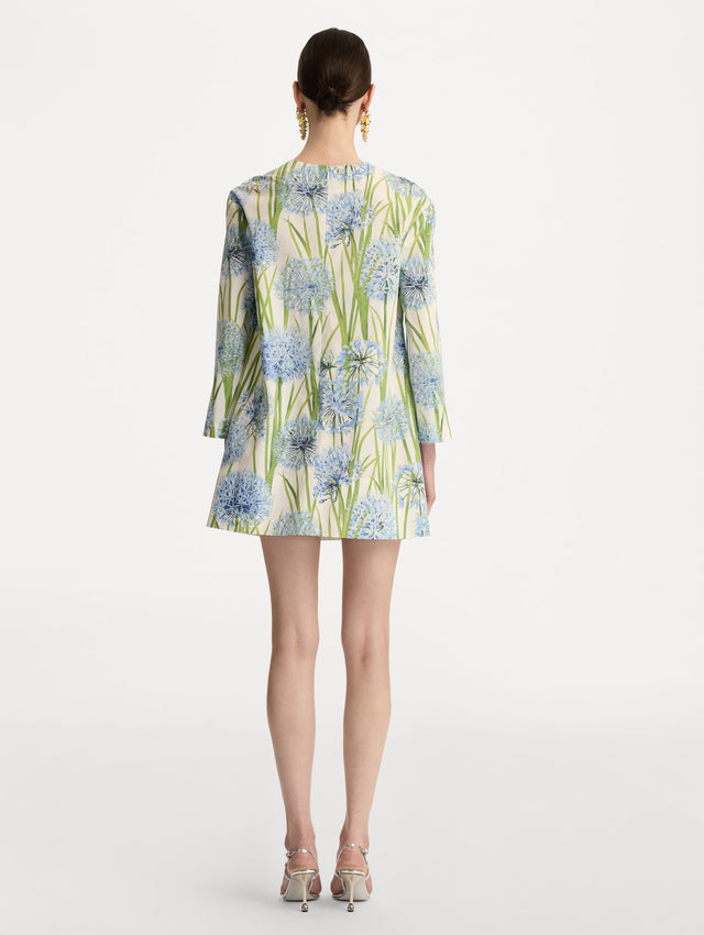 White Allium Cotton Poplin Long Sleeve Shift Dress with blue and green floral motifs. Back View.