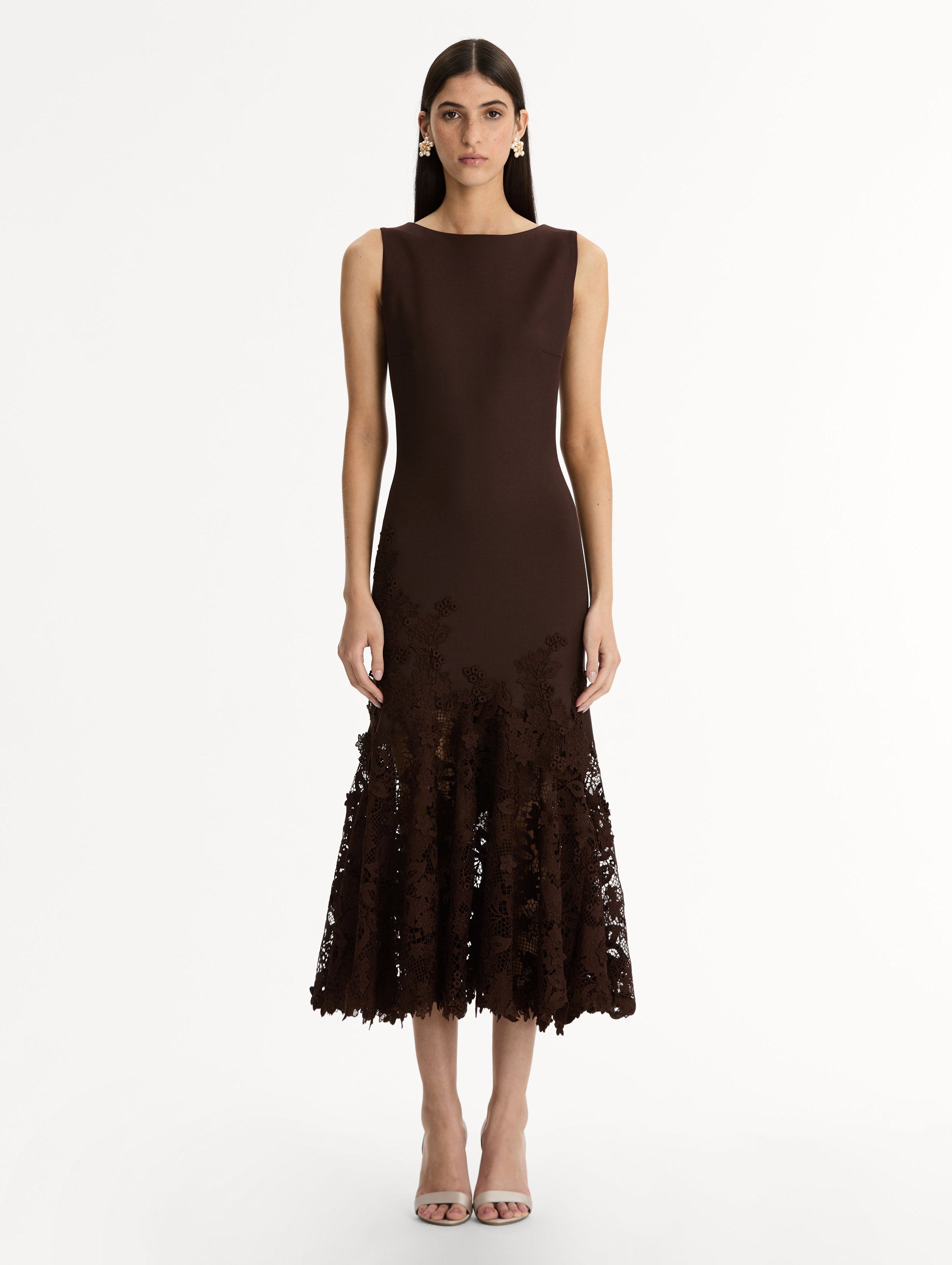 Halter Neck Dress in Espresso double-faced stretch wool. Softly flared skirt with flower guipure. Front View.