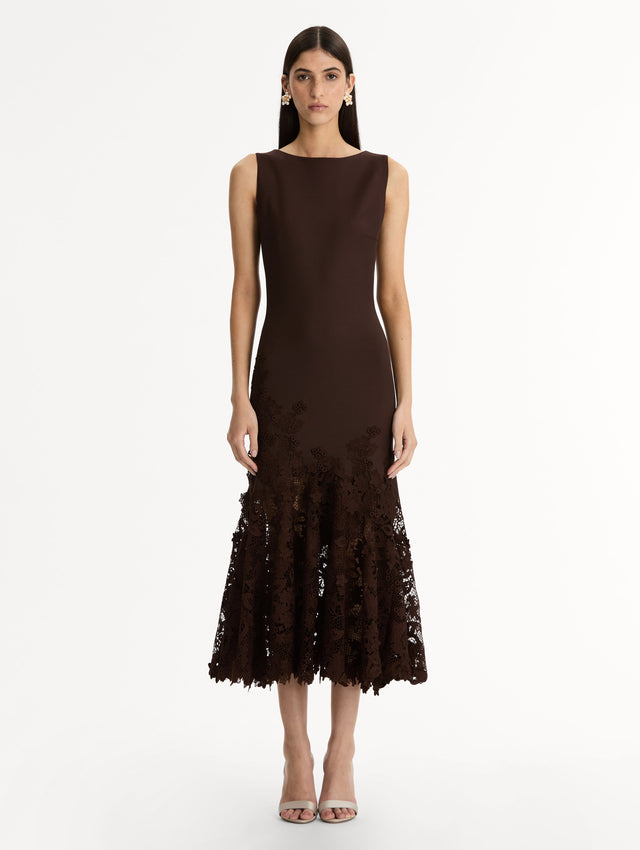 Halter Neck Dress in Espresso double-faced stretch wool. Softly flared skirt with flower guipure. Front View.