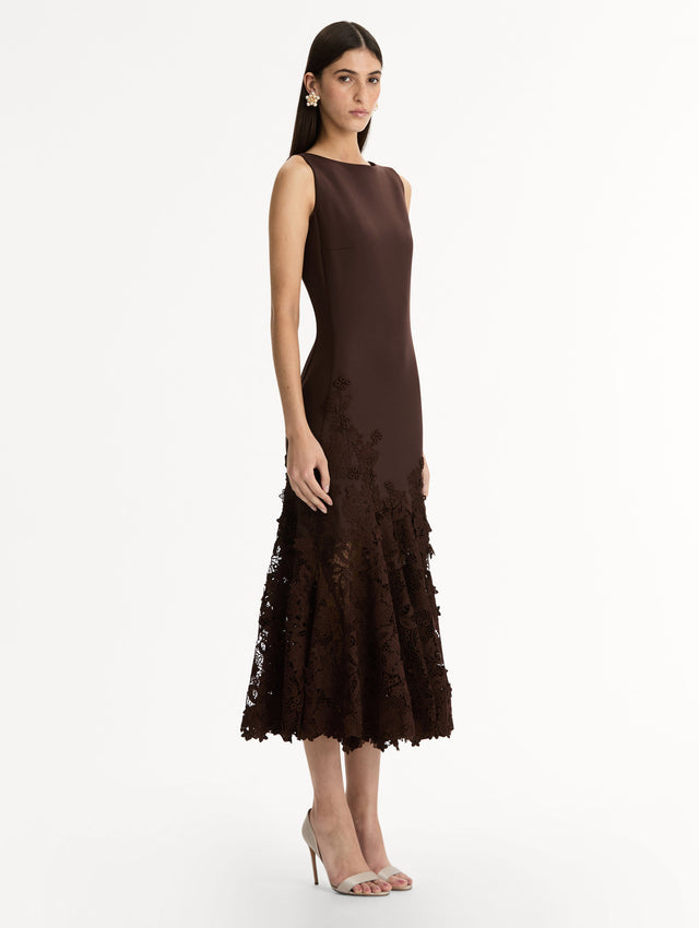 Halter Neck Dress in Espresso double-faced stretch wool. Softly flared skirt with flower guipure. Side View.
