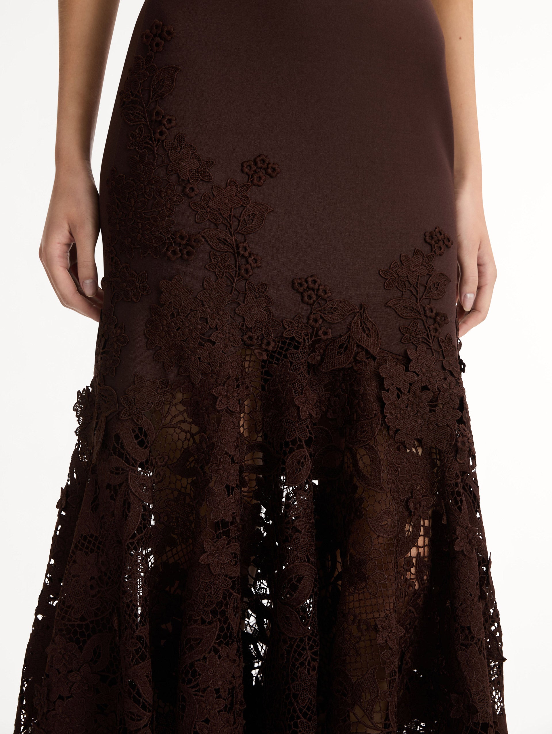 Halter Neck Dress in Espresso double-faced stretch wool. Softly flared skirt with flower guipure. Front View, Close Up.