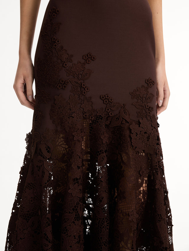 Halter Neck Dress in Espresso double-faced stretch wool. Softly flared skirt with flower guipure. Front View, Close Up.