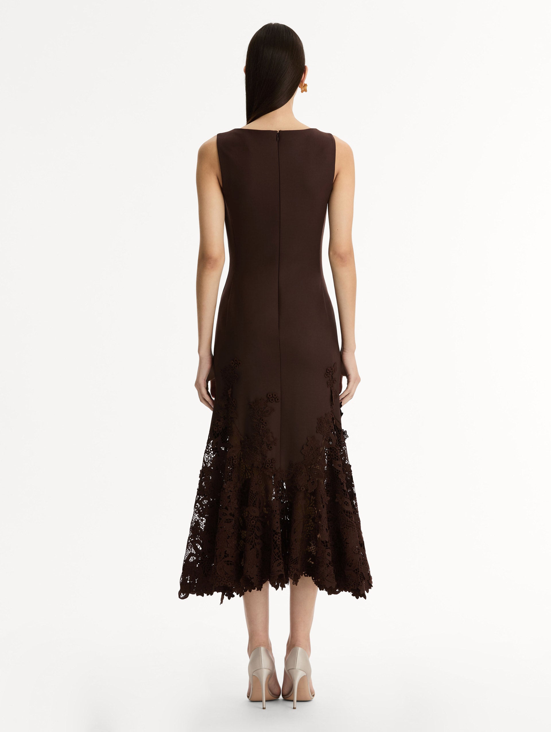 Halter Neck Dress in Espresso double-faced stretch wool. Softly flared skirt with flower guipure. Back View.