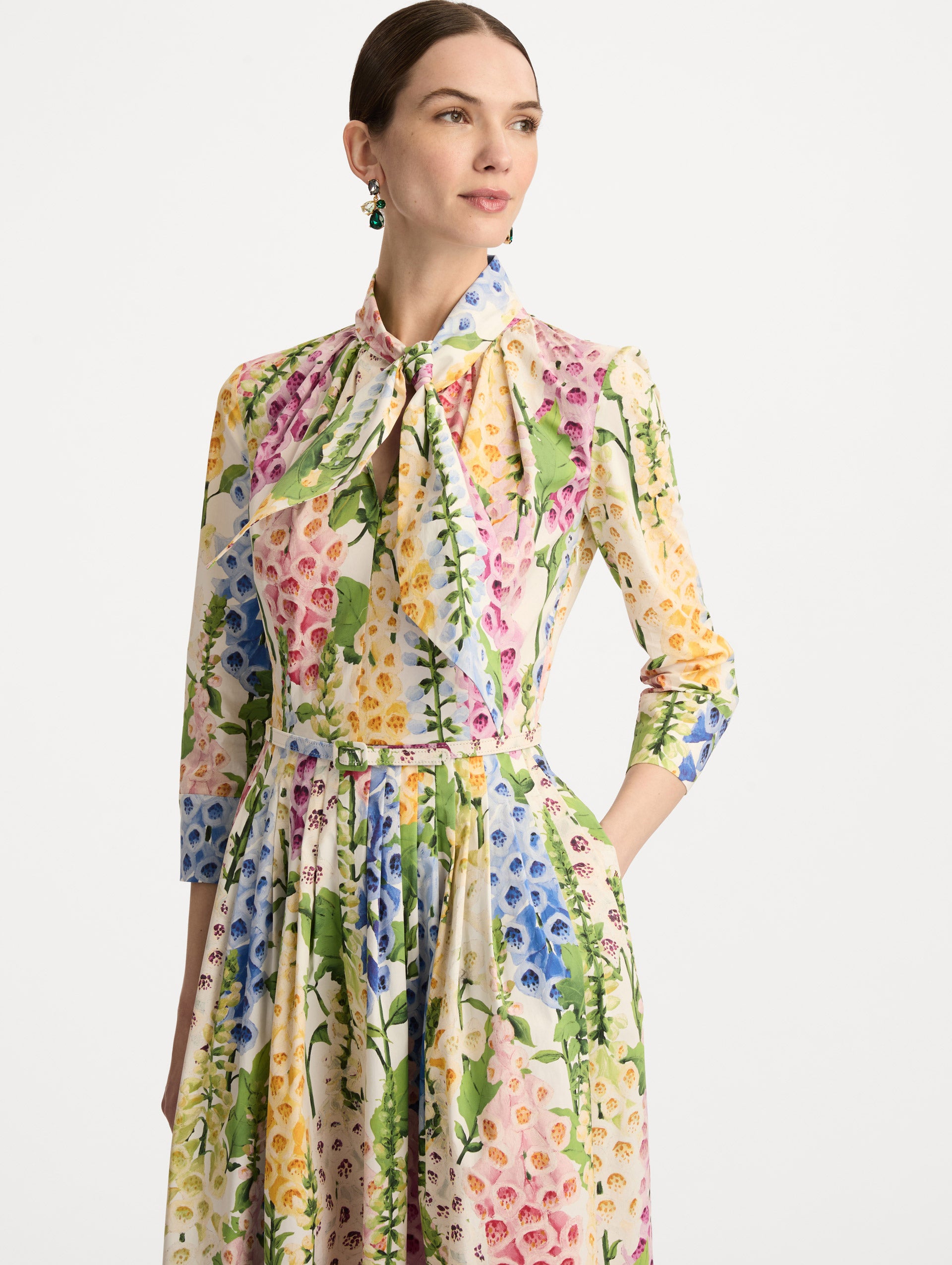 White Foxglove Cotton Poplin Tie-Neck Dress with belted waist and three-quarter length sleeves. Zoom View.