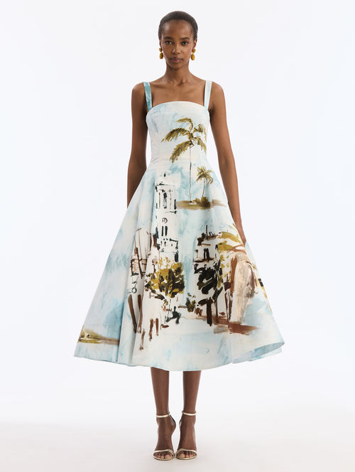 Dominican Landscape Cotton Poplin Sleeveless Dress