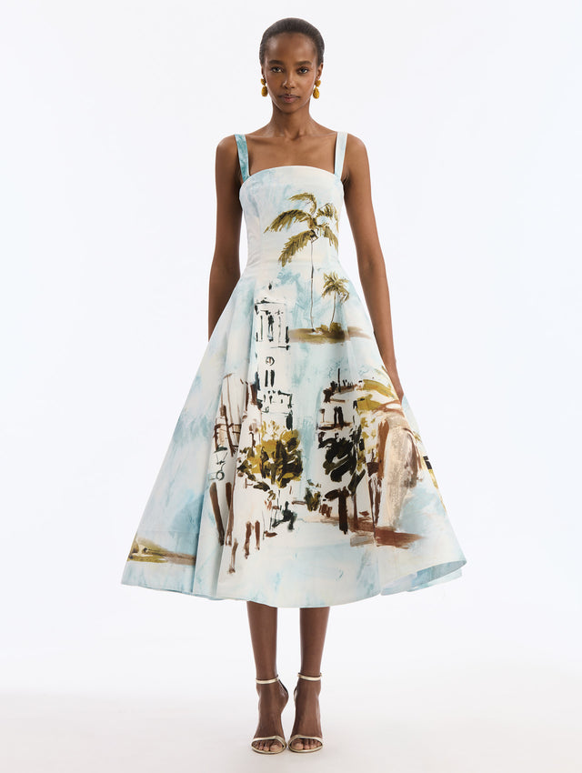 Dominican Landscape Cotton Poplin Sleeveless Dress