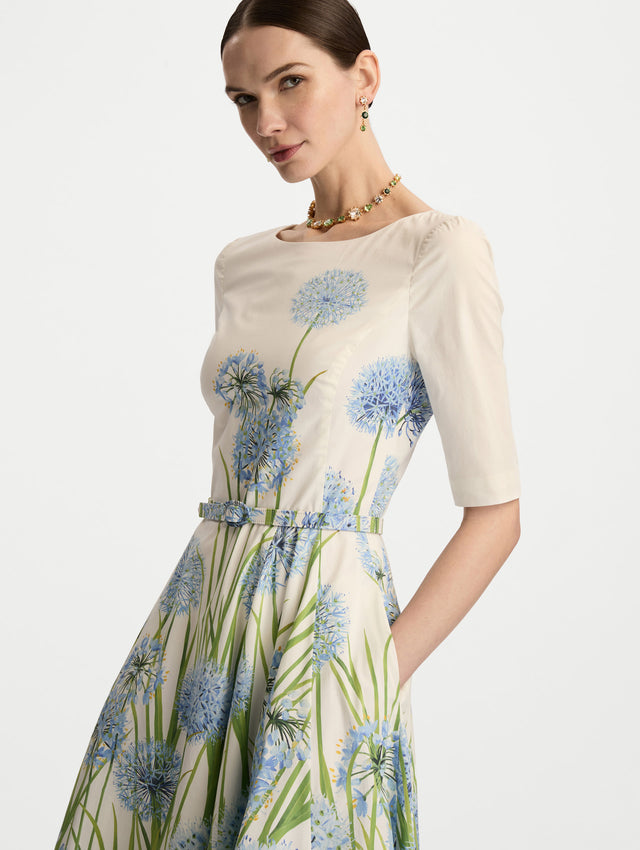 Ivory Degradé Allium Cotton Poplin Dress with three quarter sleeves and a belted waist. Zoom View.