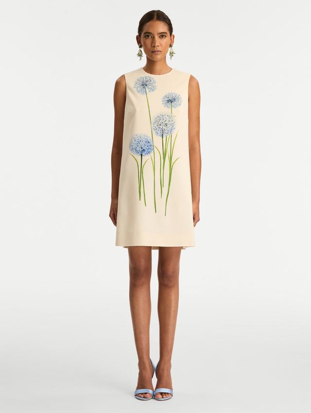 Ivory Allium Wool Shift Dress featuring a blue allium floral print accents on the front. Front View.