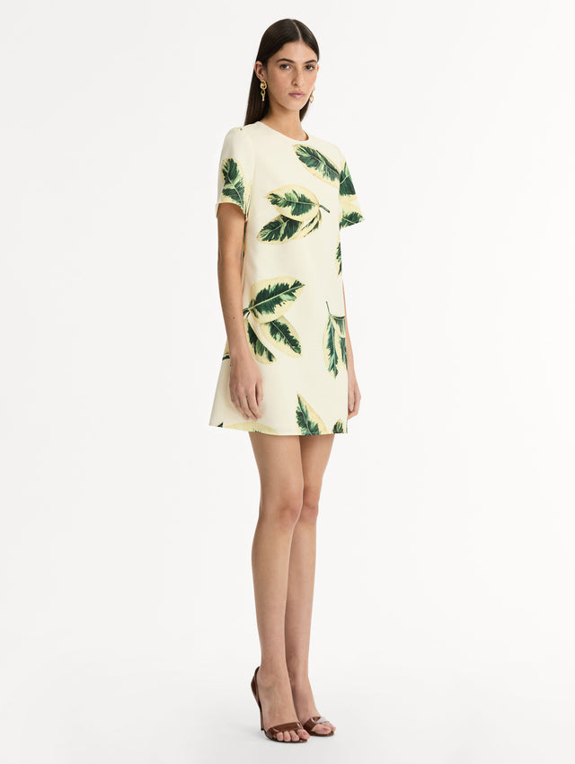 Short Sleeve Ficus Leaves Shift Mini Dress. Pocketed. Side View.