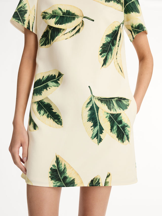 Short Sleeve Ficus Leaves Shift Mini Dress. Pocketed. Front View, Close Up.