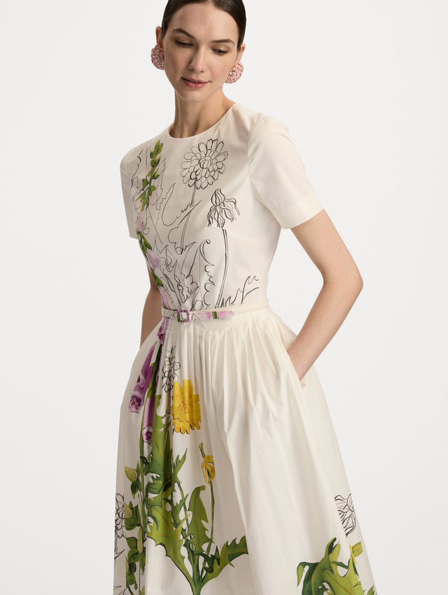 White Foxglove Sketch Cotton Poplin Dress featuring colorful flowers and black sketch-style outlines, fitted waist, and a full skirt. Zoom View.