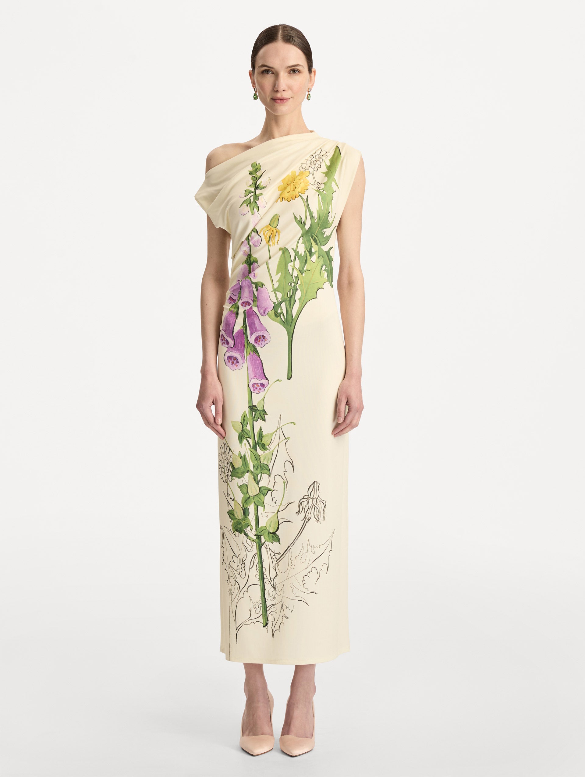 Ivory Foxglove Sketch Jersey Dress with multicolor botanical print and a one shoulder silhouette. Front View.