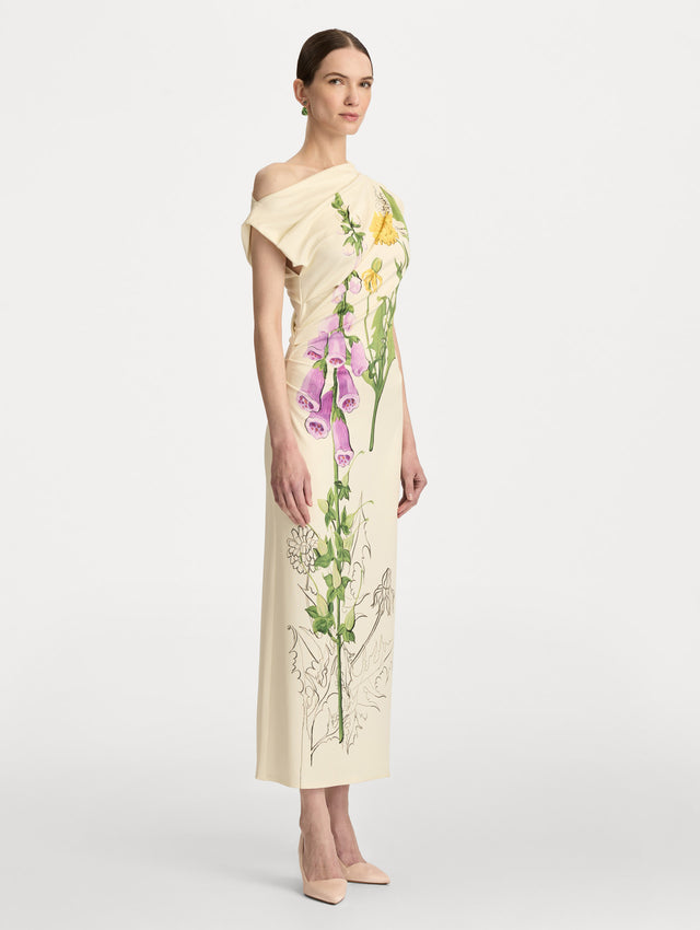 Ivory Foxglove Sketch Jersey Dress with multicolor botanical print and a one shoulder silhouette. Side View.