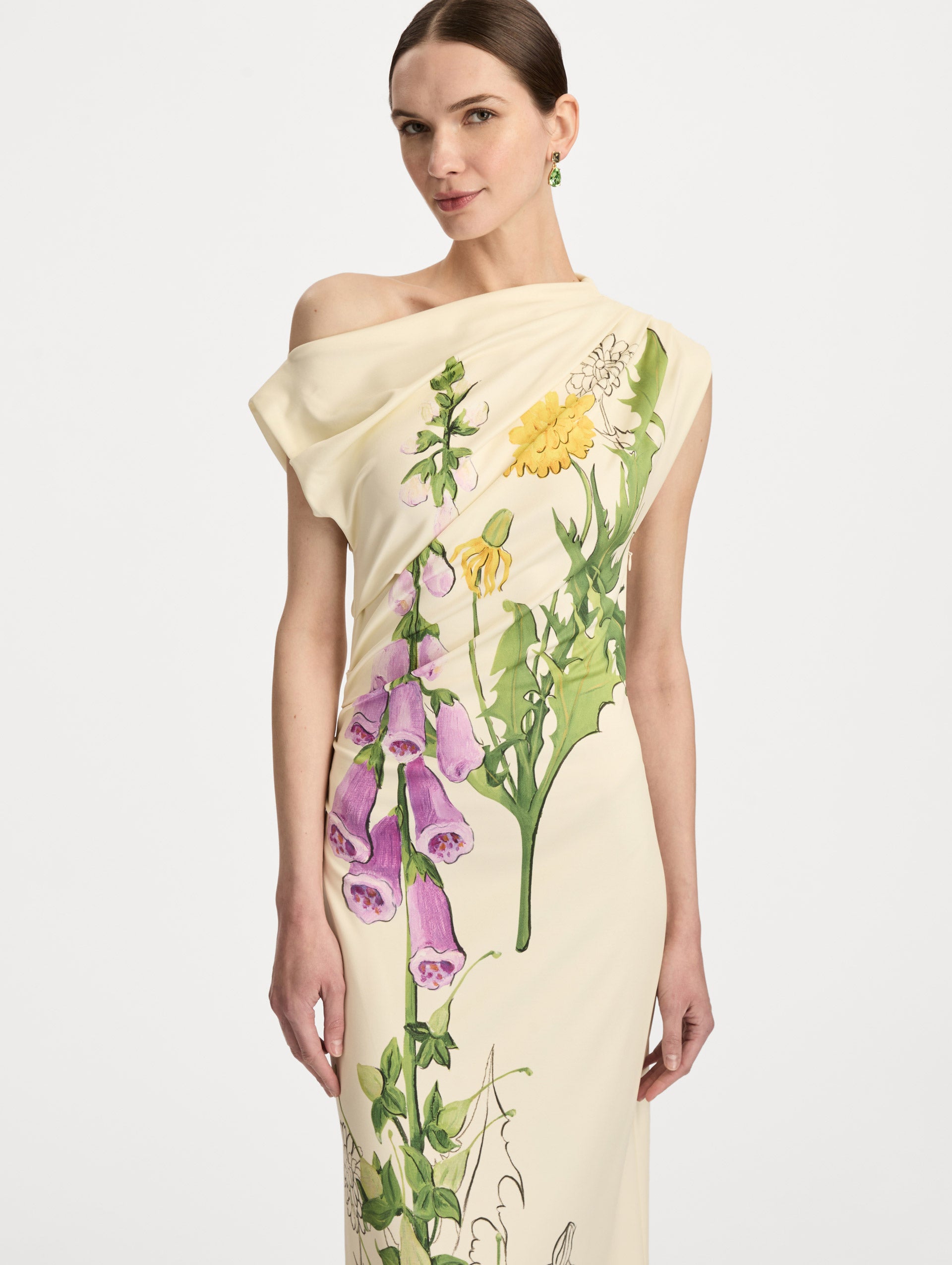 Ivory Foxglove Sketch Jersey Dress with multicolor botanical print and a one shoulder silhouette. Zoom View.