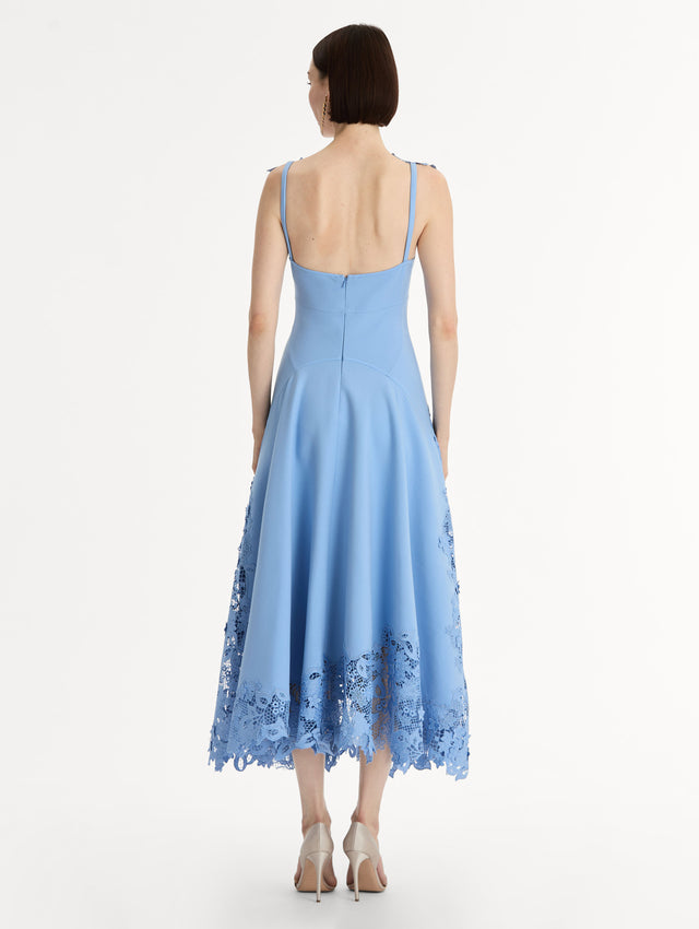 Blue Midi Dress, Fitted Bodice, Pleated Skirt, Flower Guipure straps and hem. Back View.