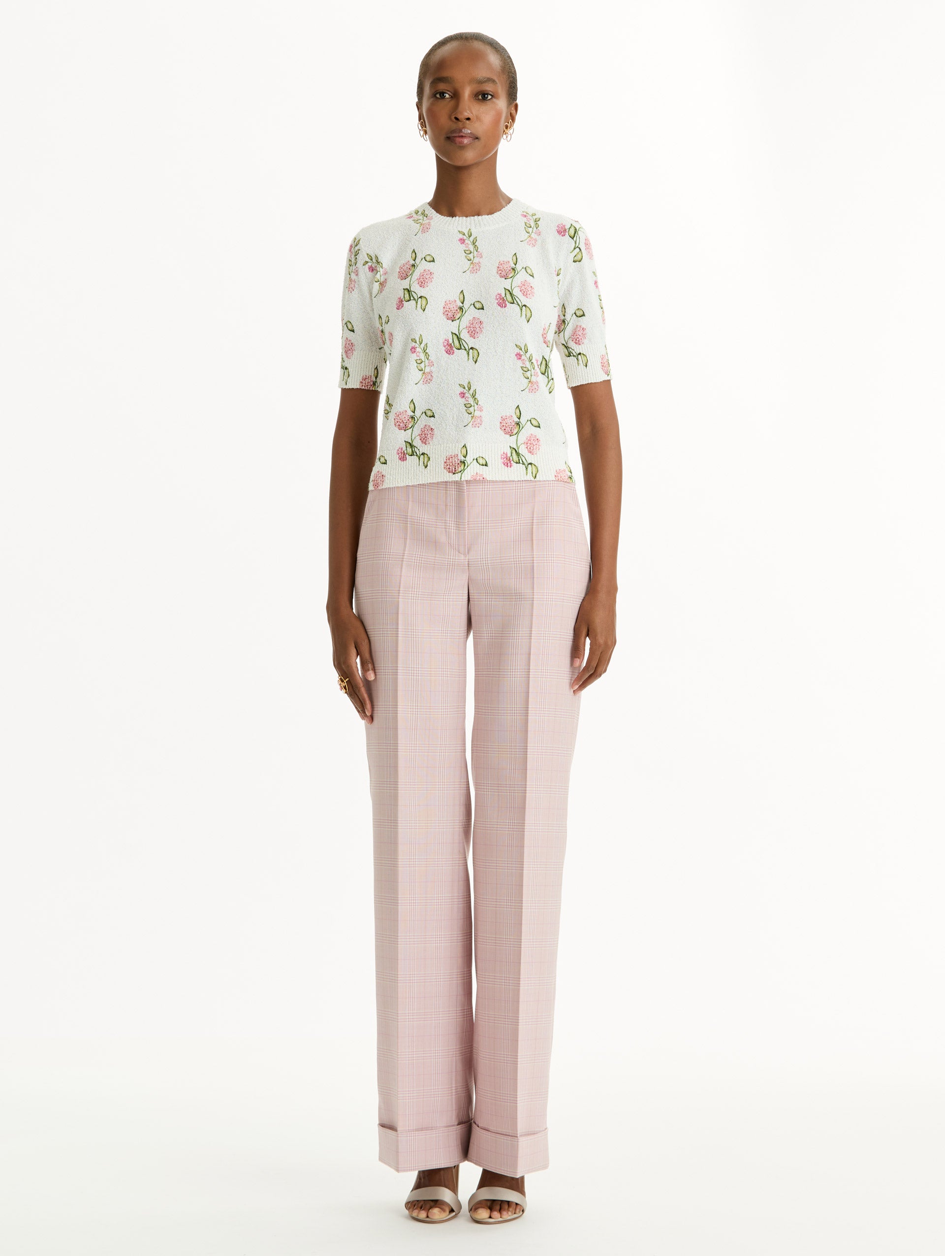 Porcelain Flower-Printed Embroidered White, Crew Neck Pullover. Front View. 