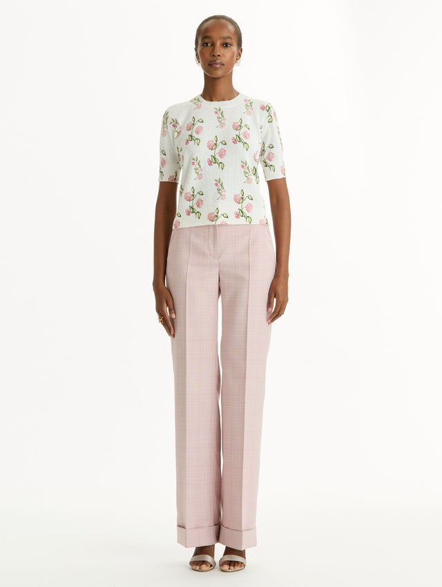 Porcelain Flower-Printed Embroidered White, Crew Neck Pullover. Front View. 