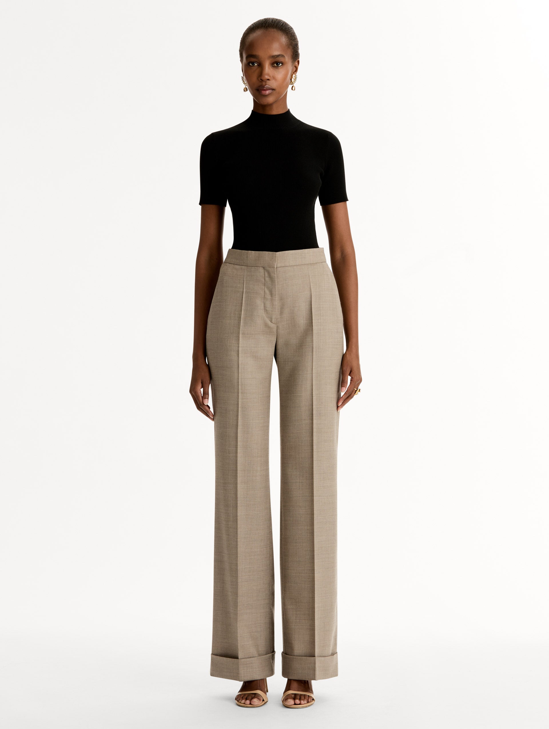 High waisted, taupe Wool-Blend Wide-Leg Pant. Cuffed. Front View. 