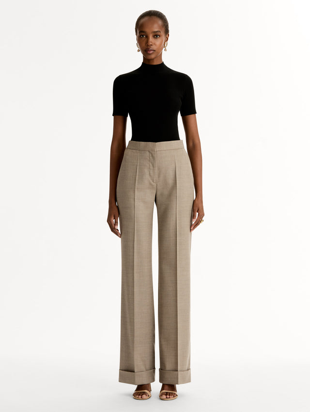High waisted, taupe Wool-Blend Wide-Leg Pant. Cuffed. Front View. 