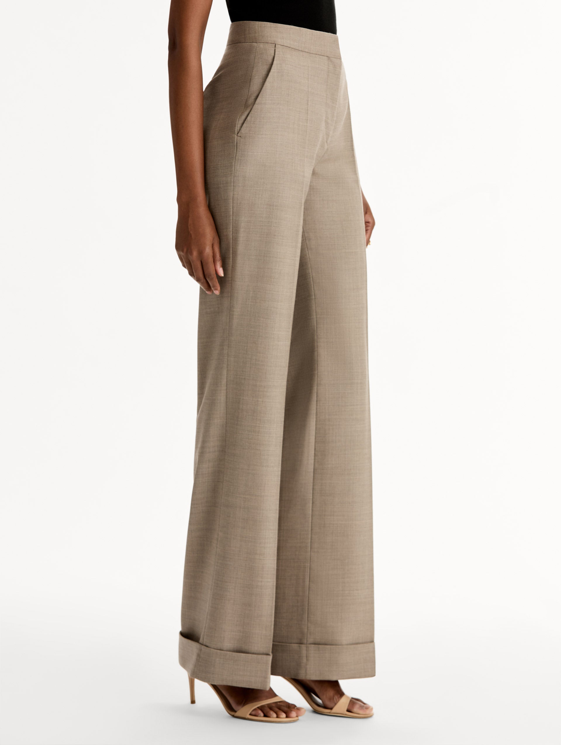 High waisted, Taupe Wool-Blend Wide-Leg Pant. Cuffed. Side View. 