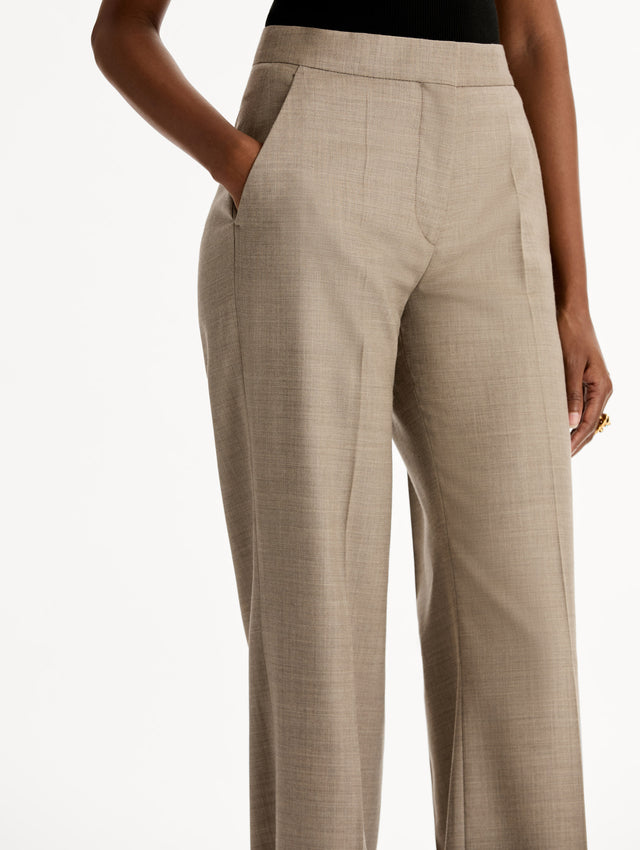 High waisted, Taupe Wool-Blend Wide-Leg Pant. Cuffed. Side View, Close Up. 
