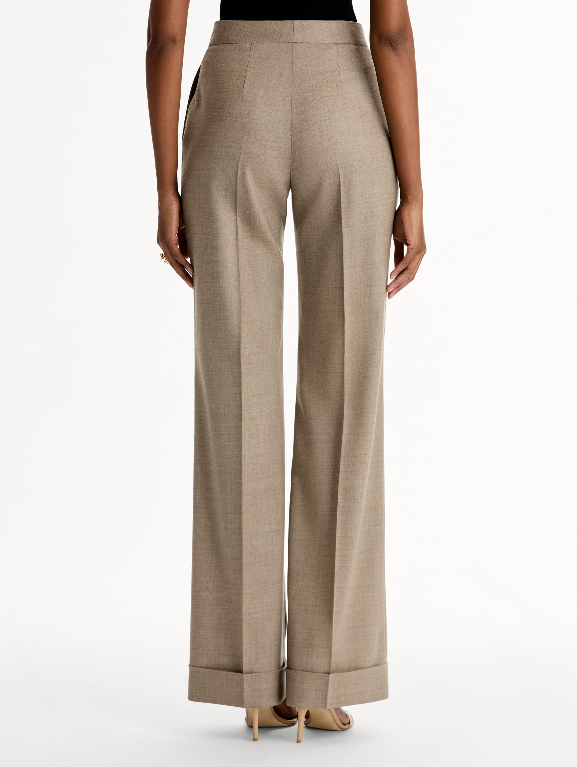 High waisted, taupe Wool-Blend Wide-Leg Pant. Cuffed. Back View. 
