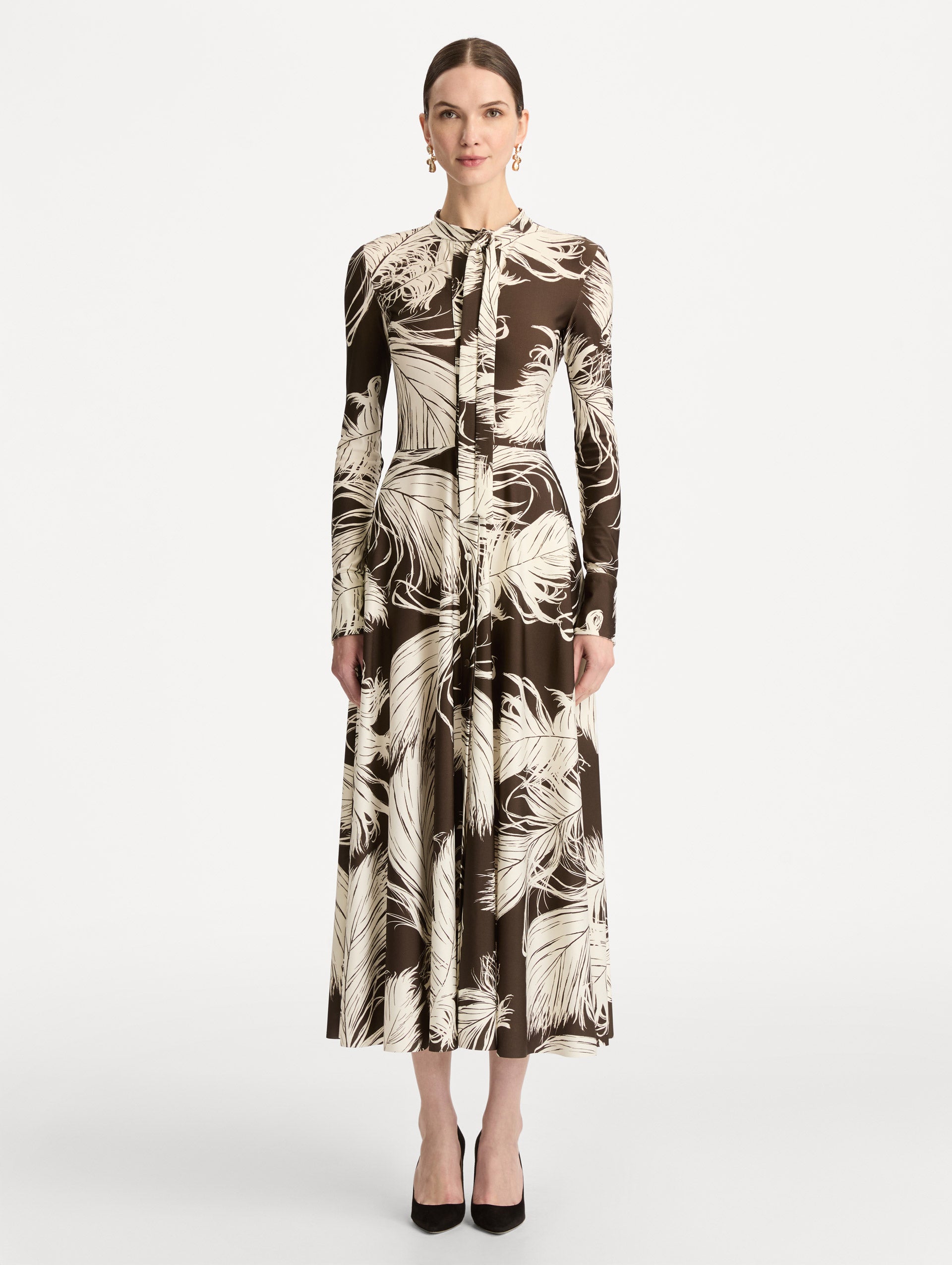 Brown and Ivory Feather Jersey Dress with long sleeves and neck tie. Front View.
