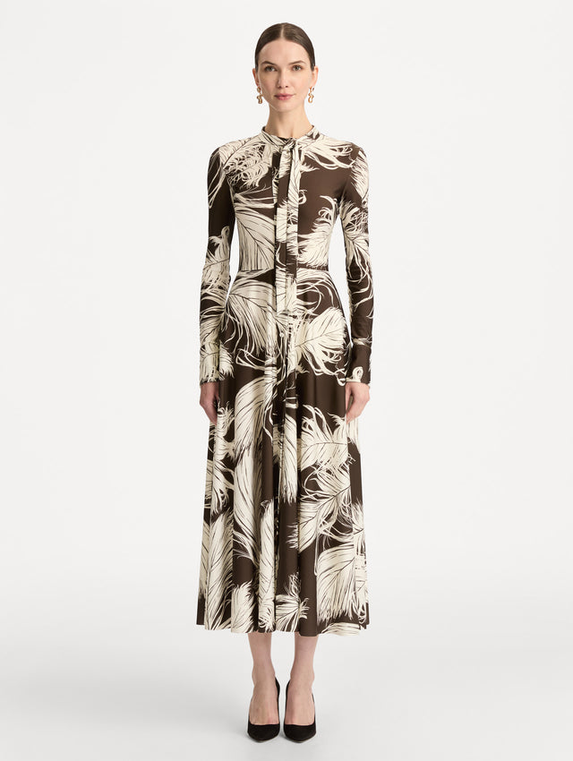 Brown and Ivory Feather Jersey Dress with long sleeves and neck tie. Front View.