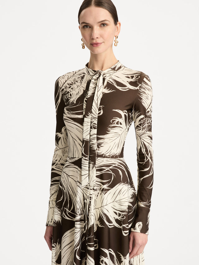 Brown and Ivory Feather Jersey Dress with long sleeves and neck tie. Zoom View.