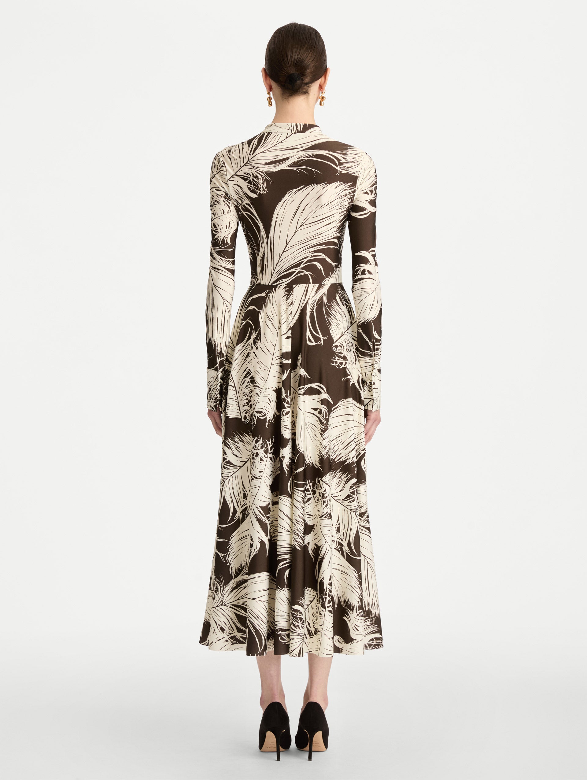 Brown and Ivory Feather Jersey Dress with long sleeves and neck tie. Back View.