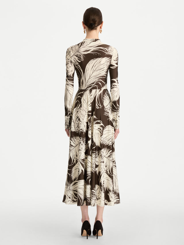 Brown and Ivory Feather Jersey Dress with long sleeves and neck tie. Back View.