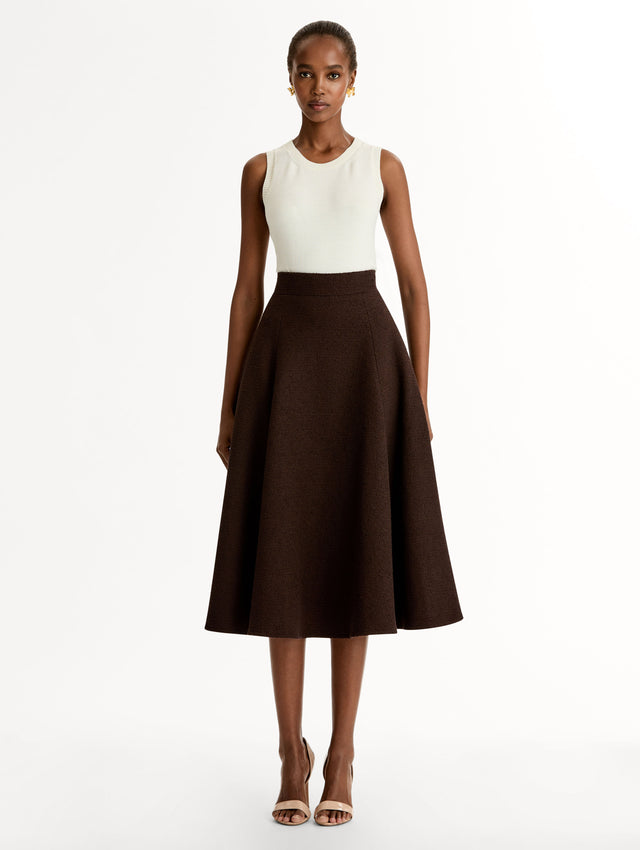 Chocolate Wool Tweed Pleated Skirt with pockets.  High-waisted with Flared Fit. Front View.