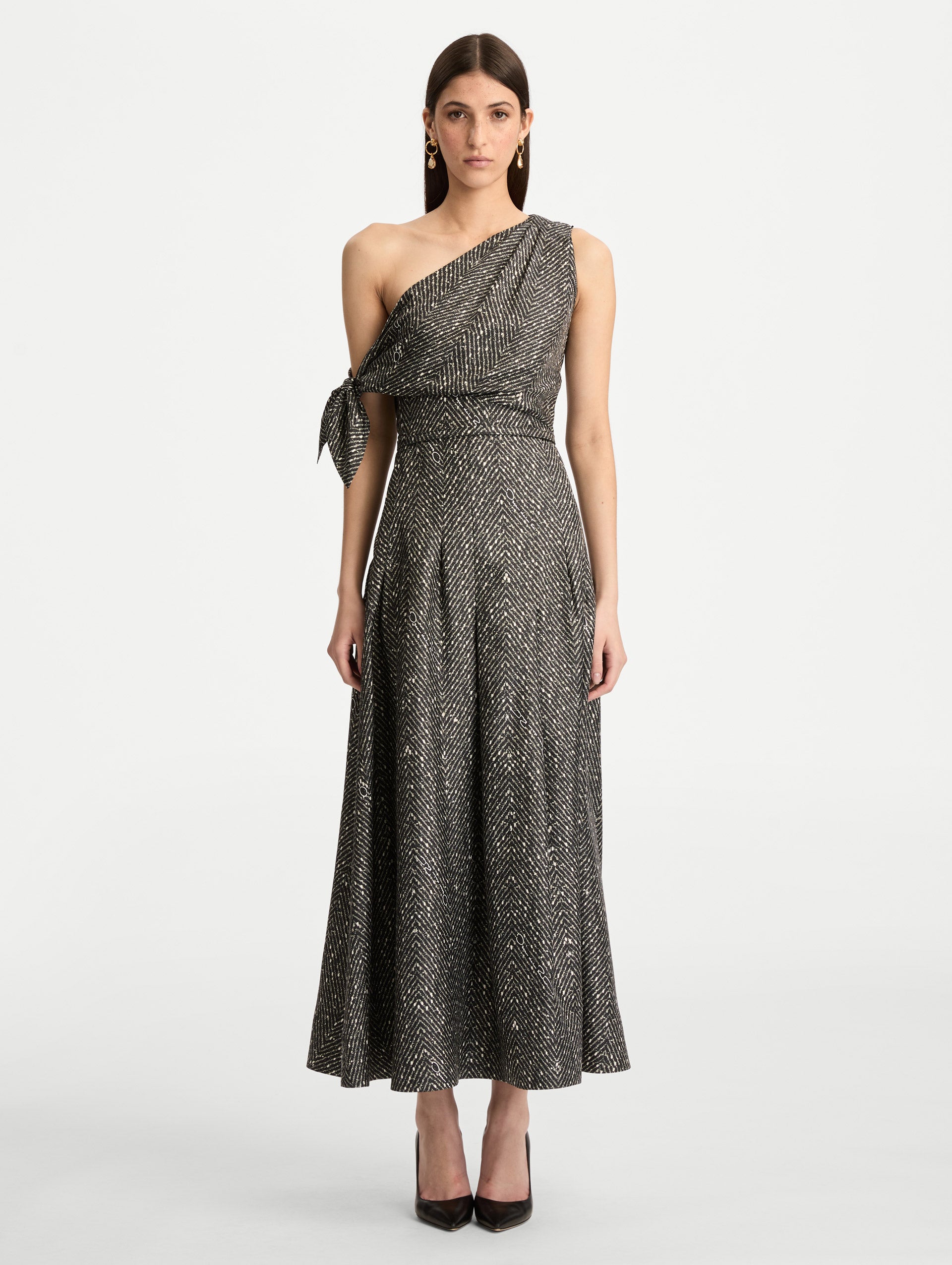 Black and Ivory Chevron Silk Twill Dress with one shoulder draped neckline and tie sleeve detail. Front View.