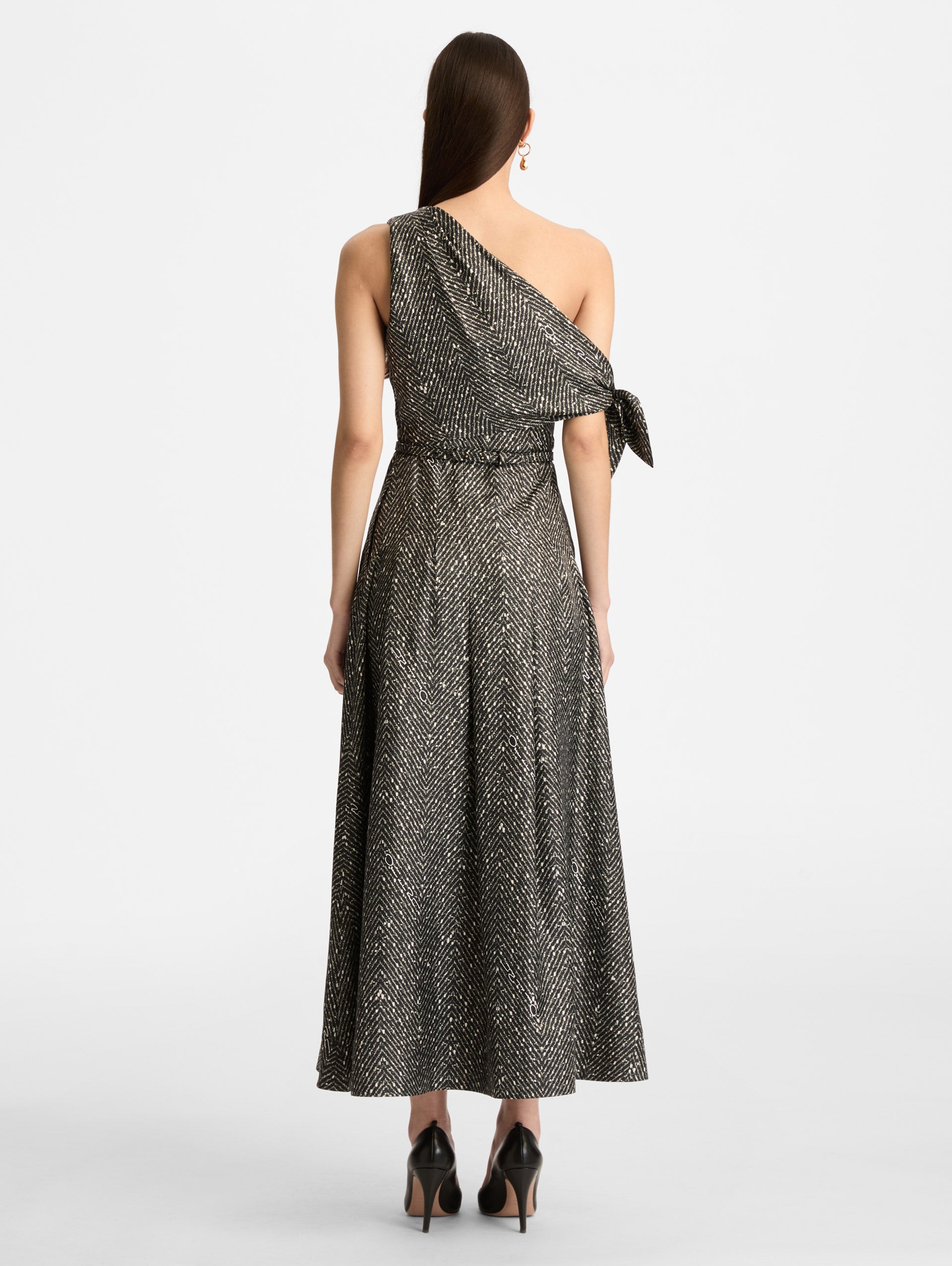 Black and Ivory Chevron Silk Twill Dress with one shoulder draped neckline and tie sleeve detail. Back View.