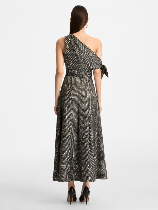Black and Ivory Chevron Silk Twill Dress with one shoulder draped neckline and tie sleeve detail. Back View.