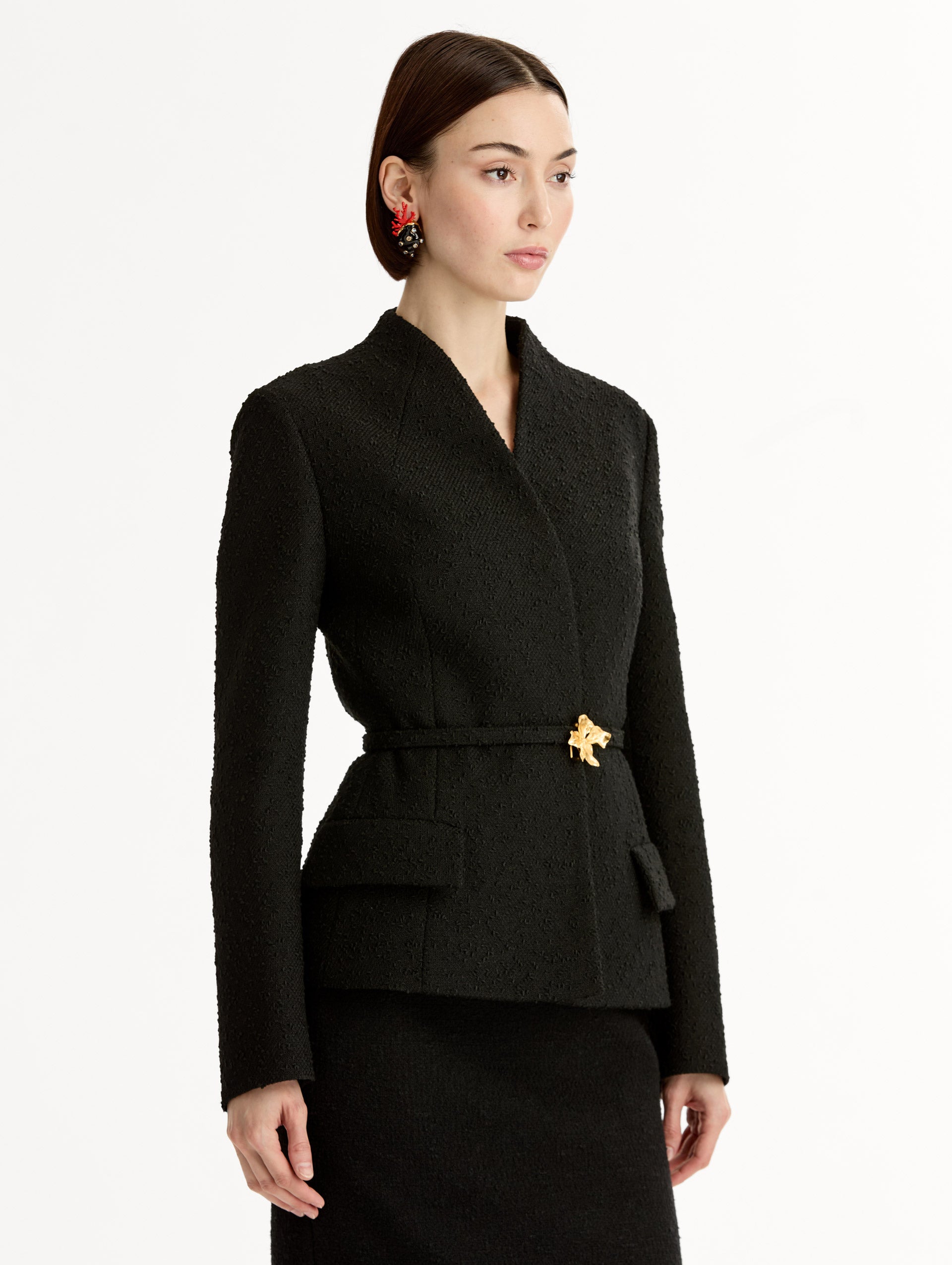 Black Cyclamen Belt Tweed Jacket, long sleeve, fitted, gold belt buckle. Side View.