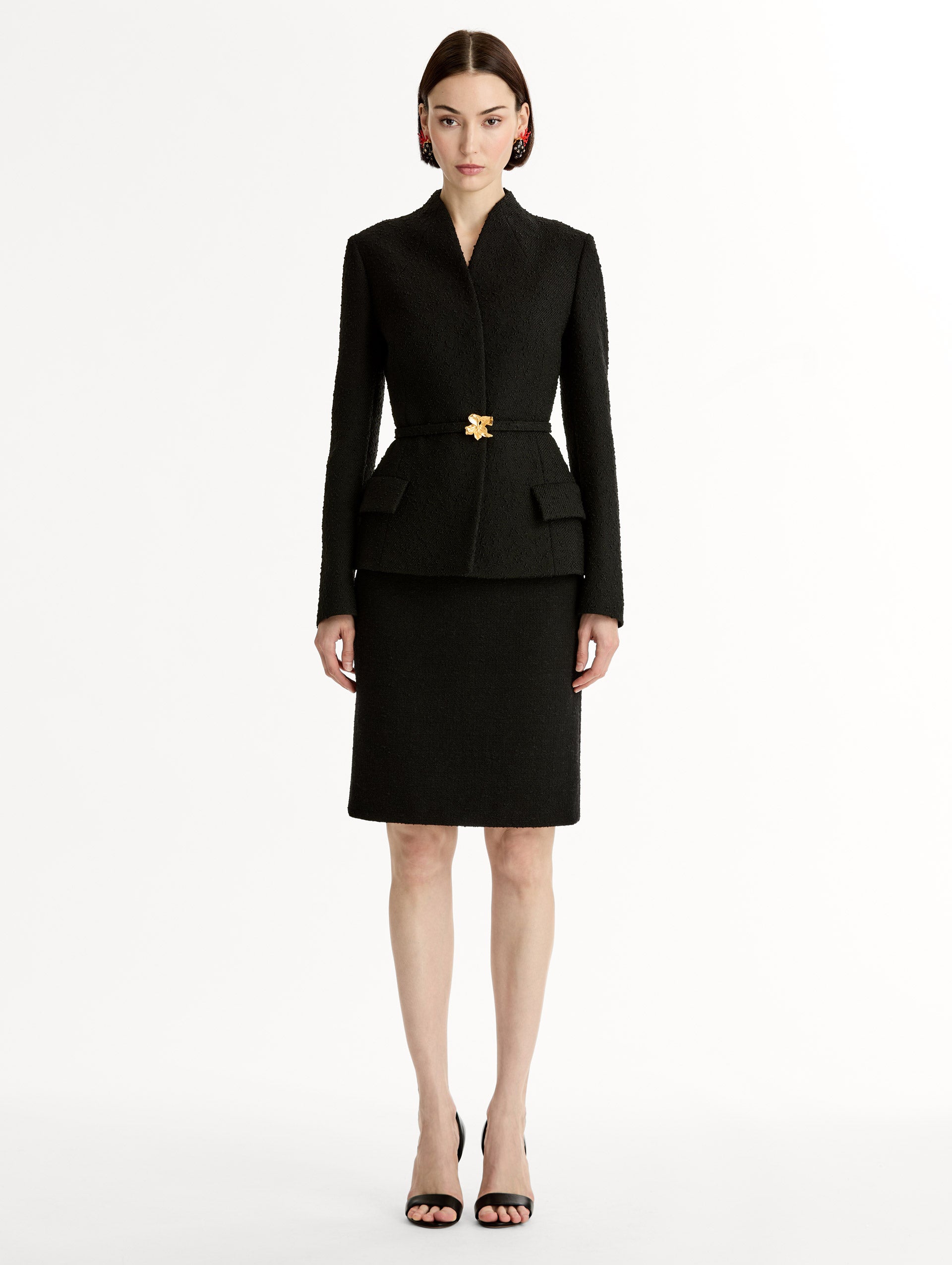 Black Cyclamen Belt Tweed Jacket, long sleeve, fitted, gold belt buckle. Front View.