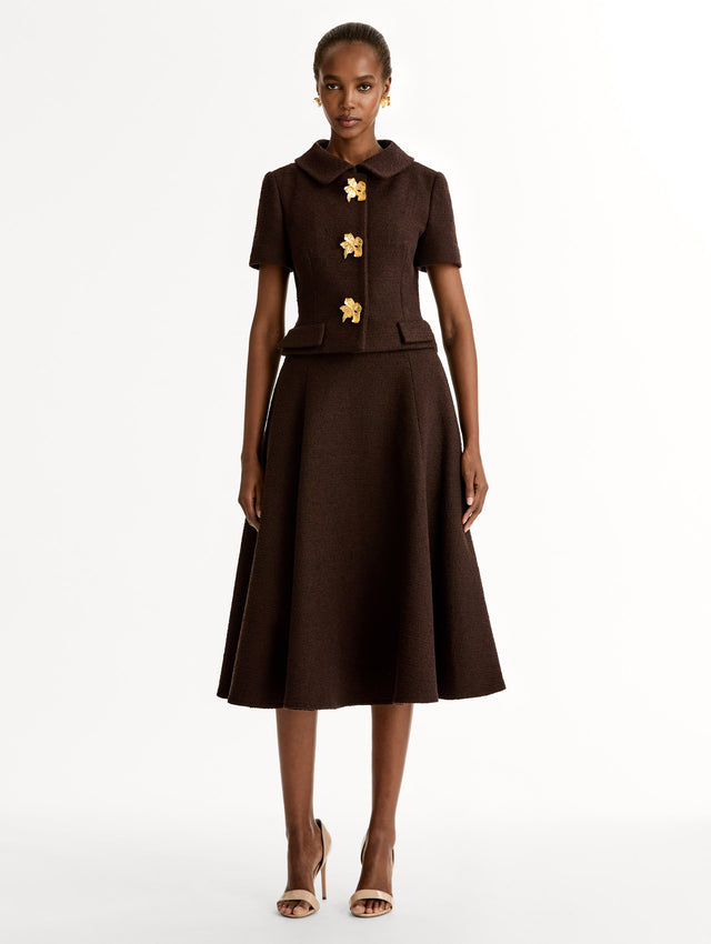 Cyclamen Gold Button Chocolate Tweed Jacket. Short Sleeve, Cropped with Collar. Front View.