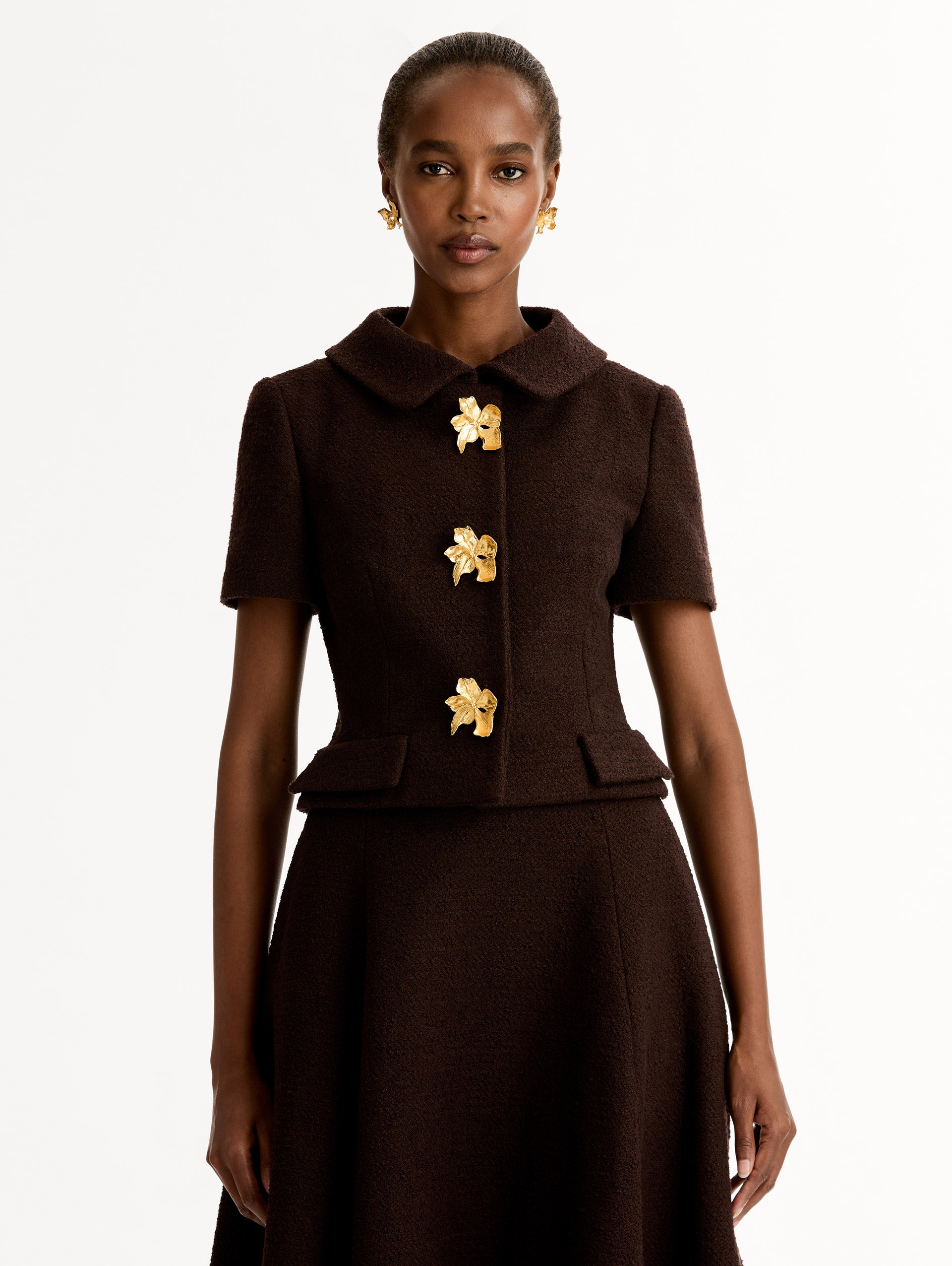 Cyclamen Gold Button Chocolate Tweed Jacket. Short Sleeve, Cropped with Collar. Front View.