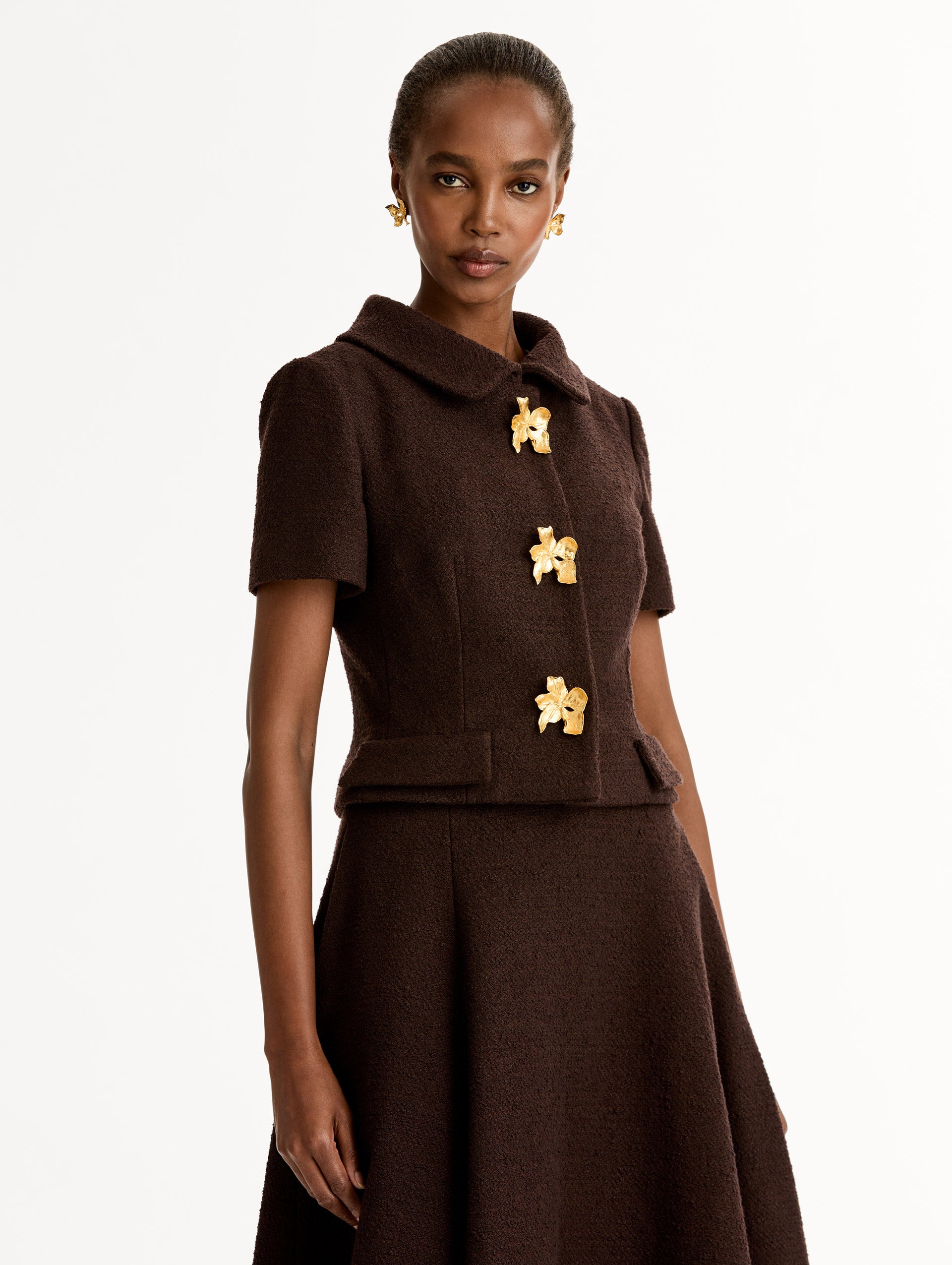 Cyclamen Gold Button Chocolate Tweed Jacket. Short Sleeve, Cropped with Collar. Side View.