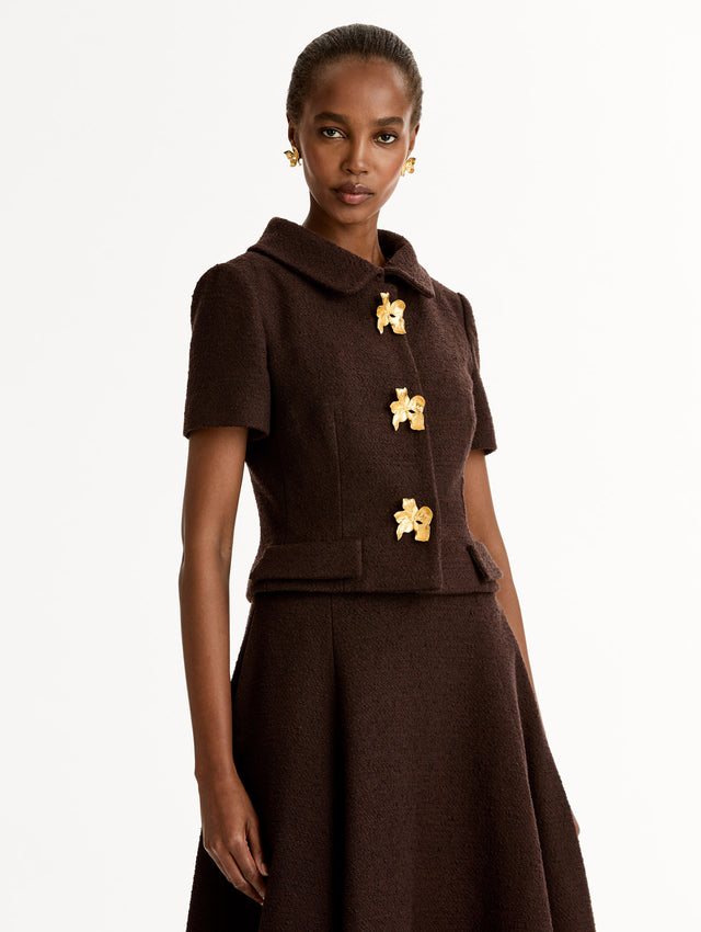 Cyclamen Gold Button Chocolate Tweed Jacket. Short Sleeve, Cropped with Collar. Side View.