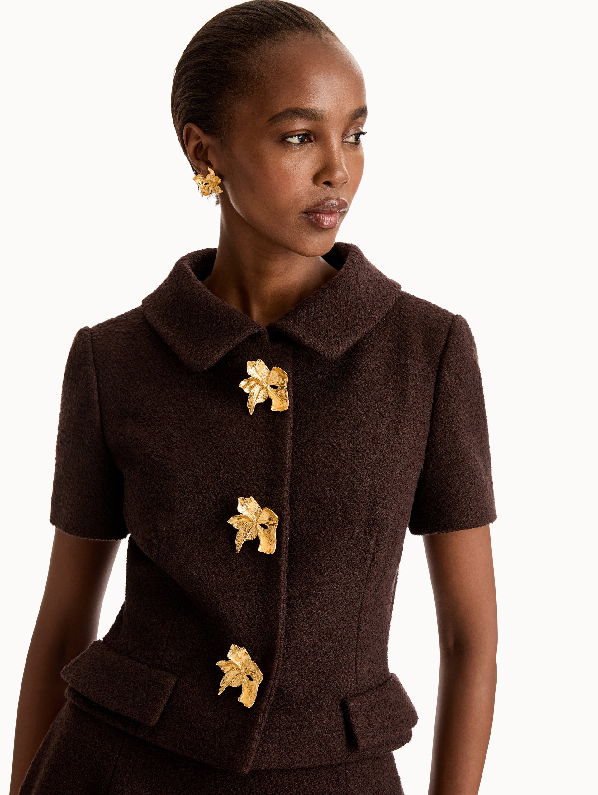 Cyclamen Gold Button Chocolate Tweed Jacket. Short Sleeve, Cropped with Collar. Front View, Close Up.