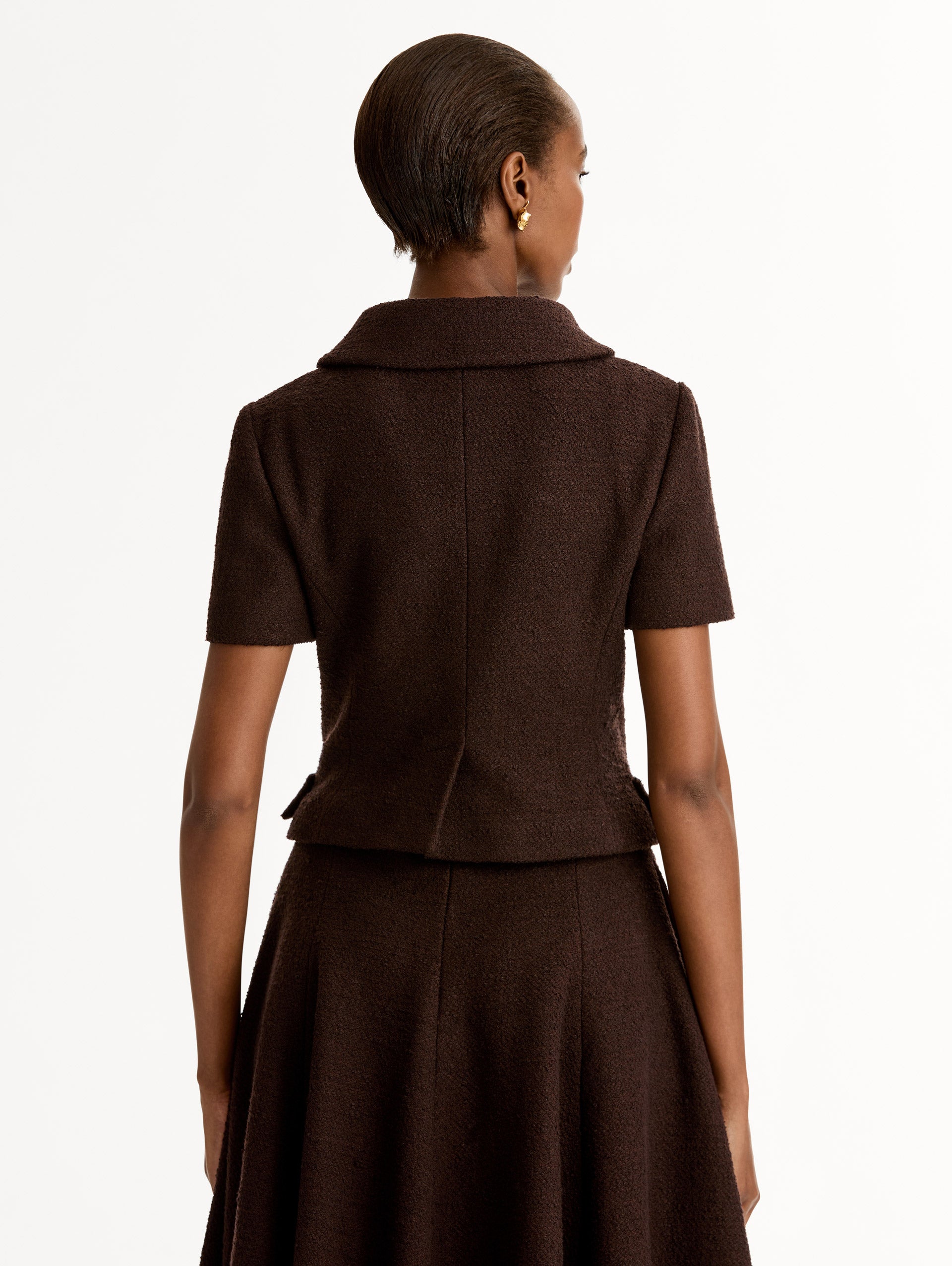 Cyclamen Gold Button Chocolate Tweed Jacket. Short Sleeve, Cropped with Collar. Back View.