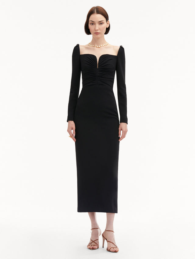 Black Plunging Sweetheart Cocktail Maxi Long Sleeve Dress
Front View