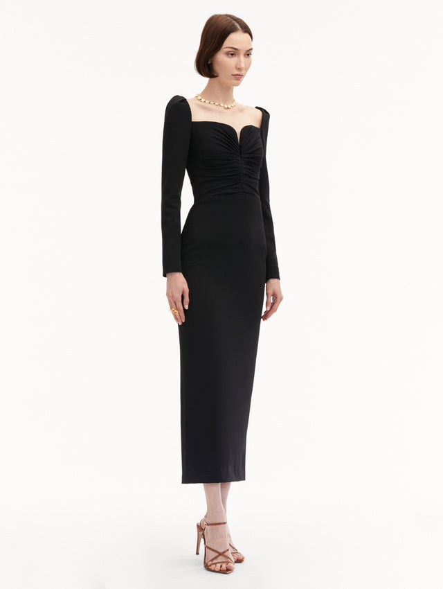 Black Plunging Sweetheart Cocktail Maxi Long Sleeve Dress Side View