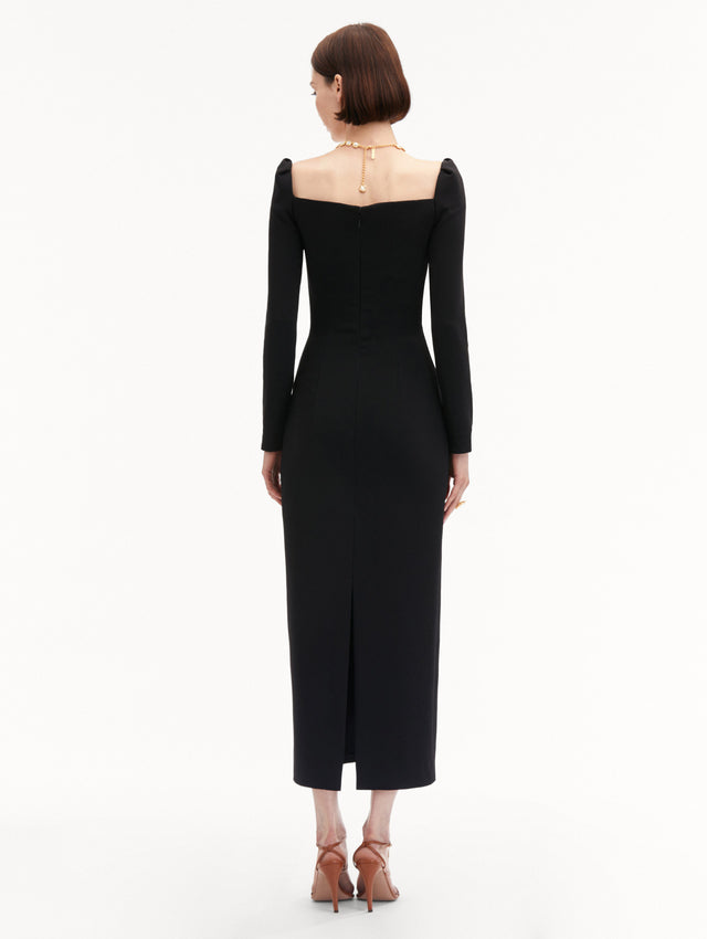 Black Plunging Sweetheart Cocktail Midi Dress with Long Sleeves
Back View