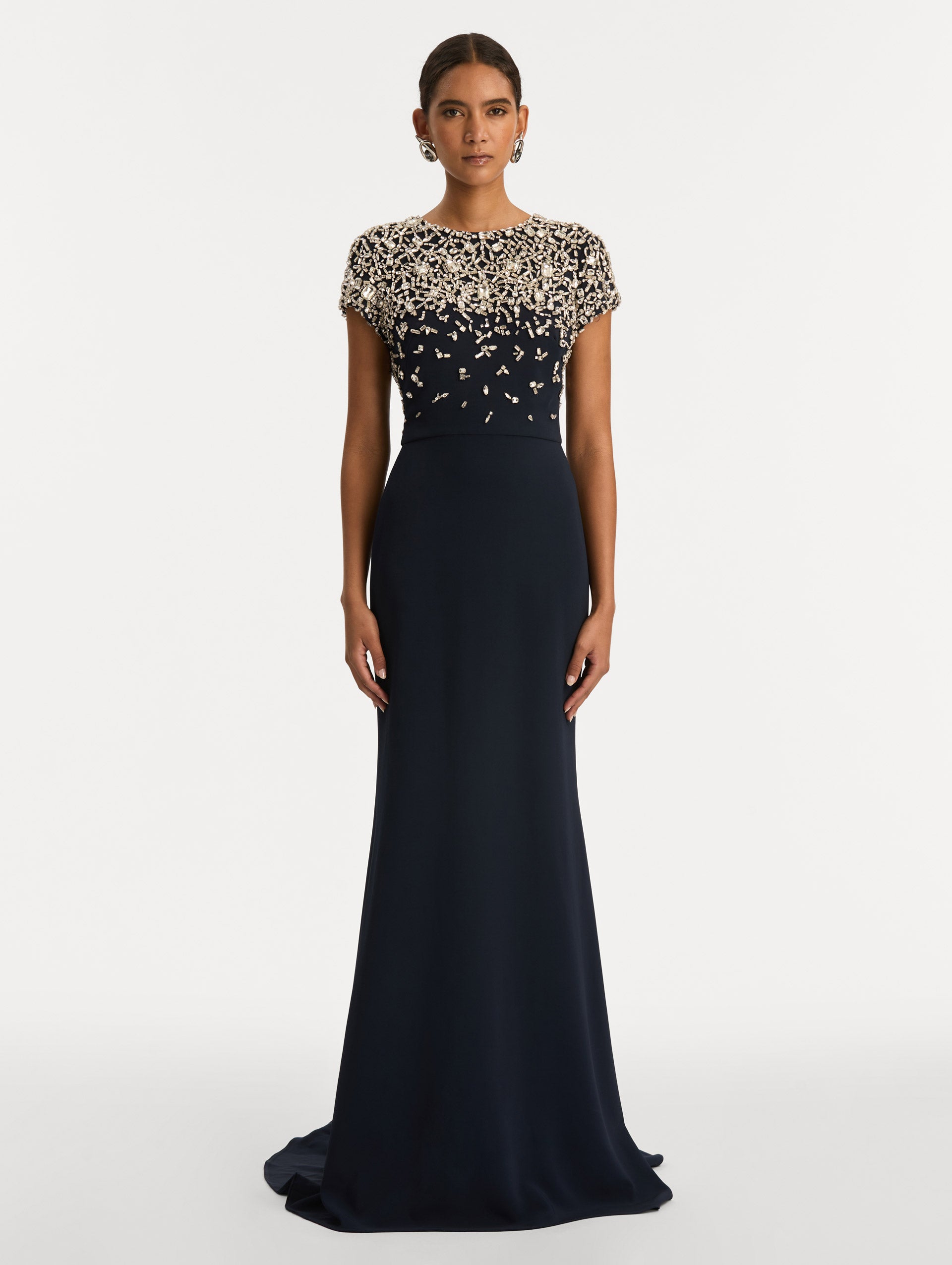 Navy Mosaic Crystal Embroidered Cady Gown with fitted embellished bodice and short sleeves. Front View.