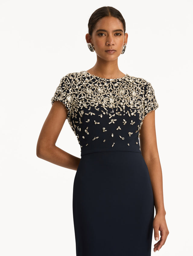 Navy Mosaic Crystal Embroidered Cady Gown with fitted embellished bodice and short sleeves. Zoom View.