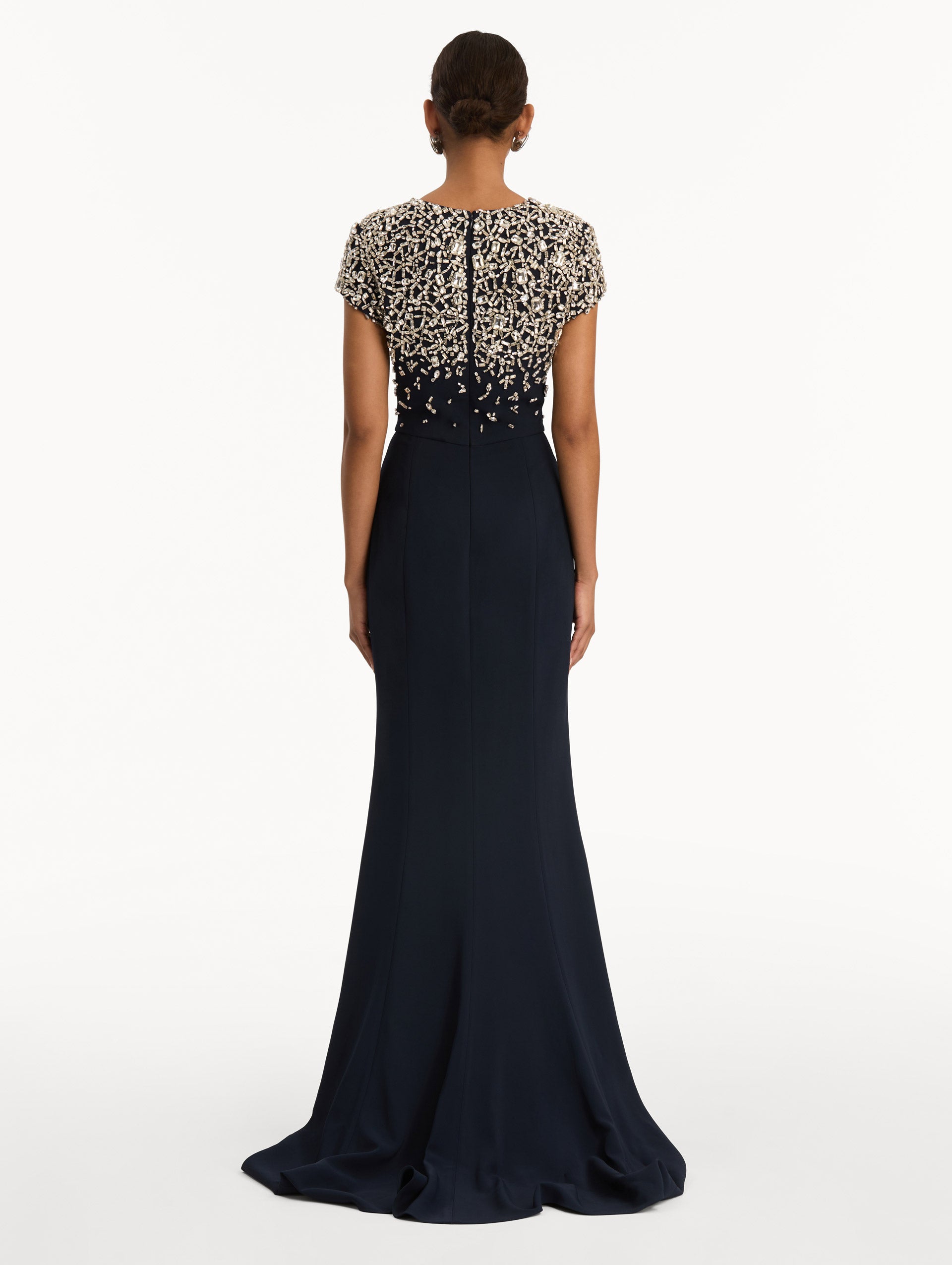 Navy Mosaic Crystal Embroidered Cady Gown with fitted embellished bodice and short sleeves. Back View.